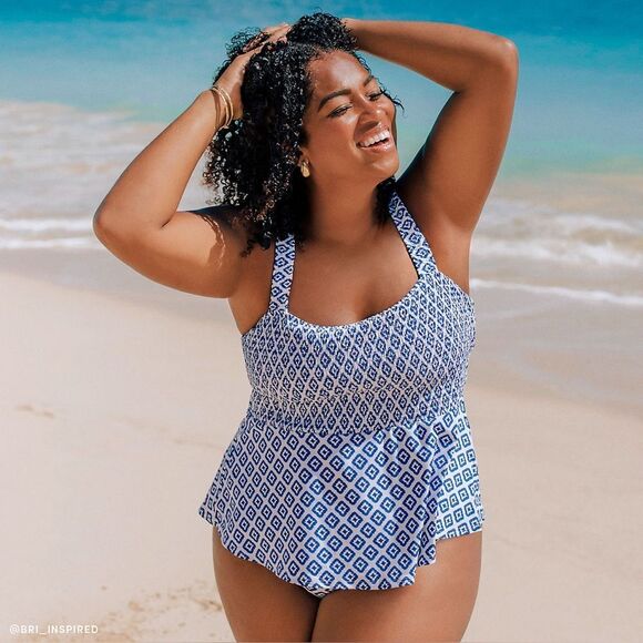 Land's Smocked square neck tankini top chlorine resist brilliant cobalt Geo L - Picture 1 of 4